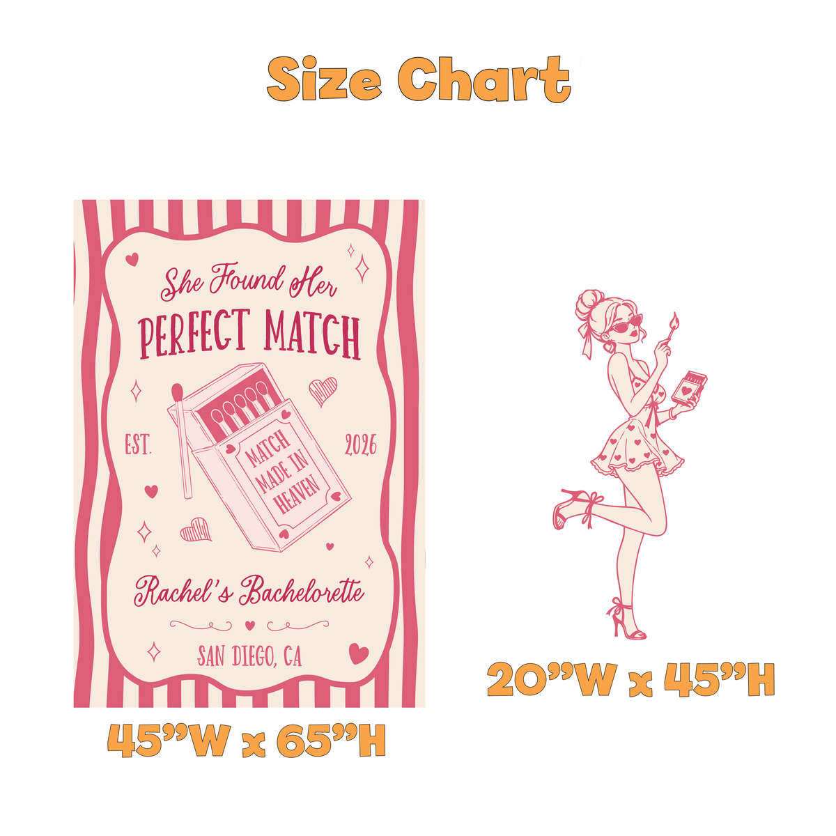 Perfect Match Bachelorette Party Backdrop Set - size chart