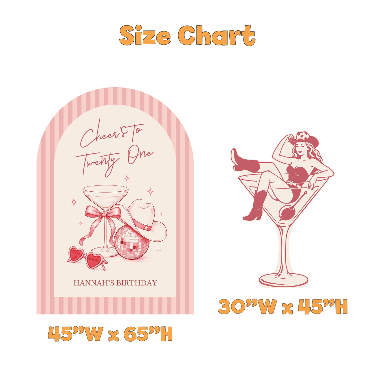 Cheers to Twenty One Cowgirl Birthday Prop Set - size chart