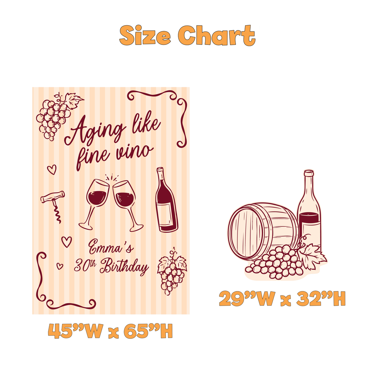 Aging Like Fine Vino Birthday Party Backdrop Set - size chart