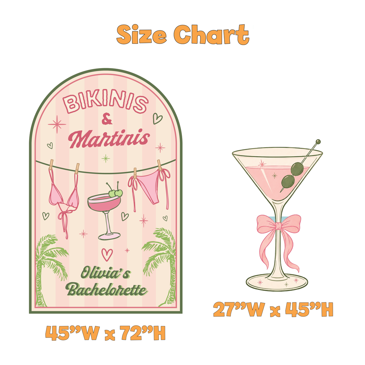 Bikinis and Martinis Bachelorette Party Backdrop Set - size chart
