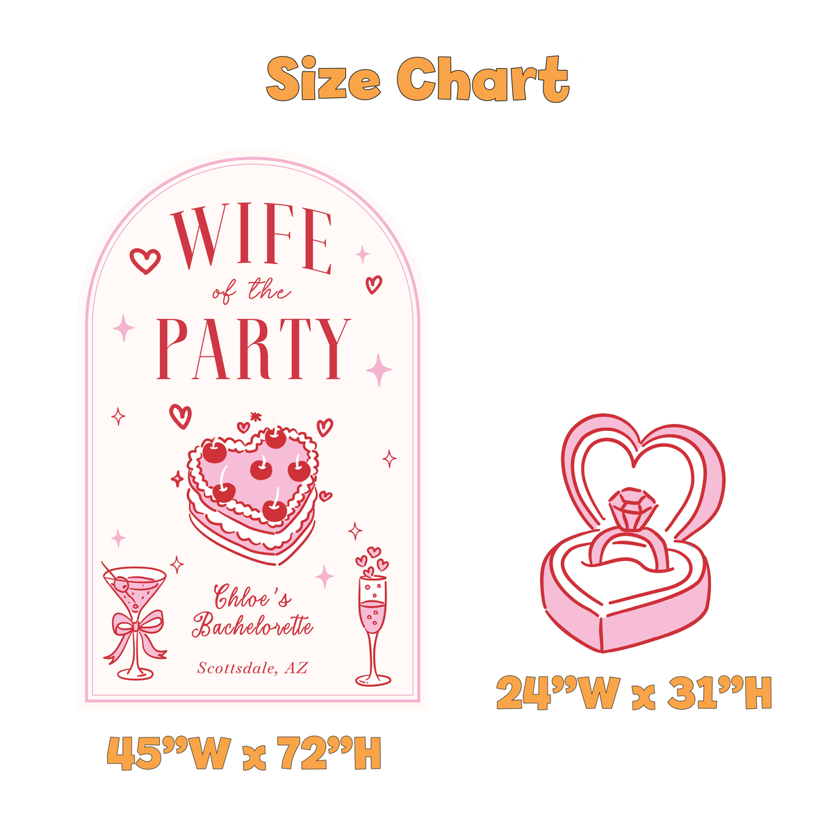 Wife of the Party Bachelorette Backdrop Set - size chart