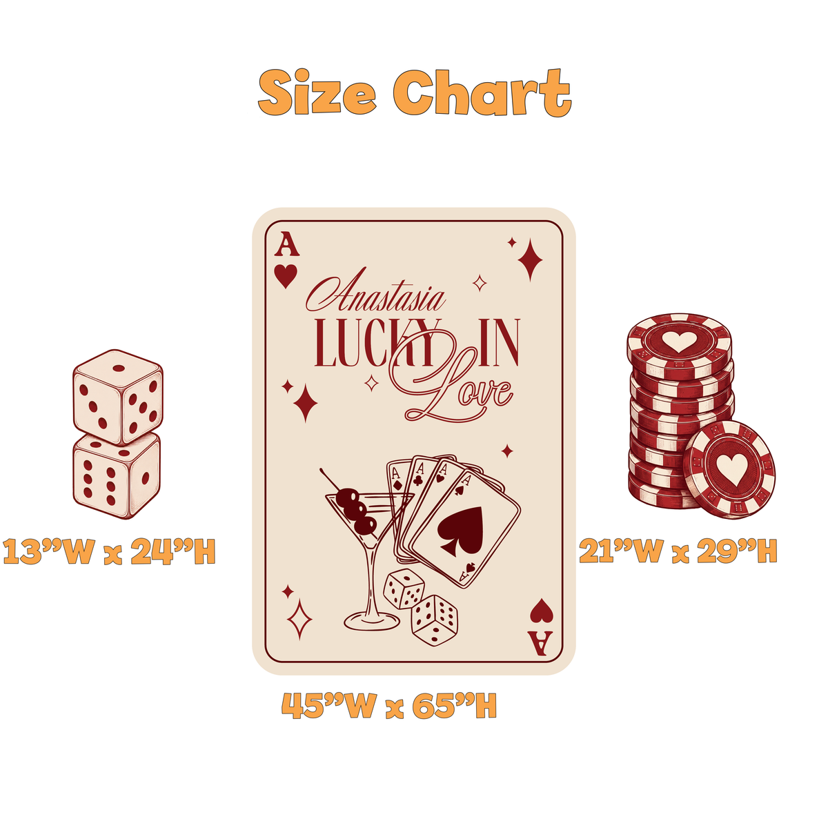 Lucky in Love Casino Bachelorette Party Set - size chart