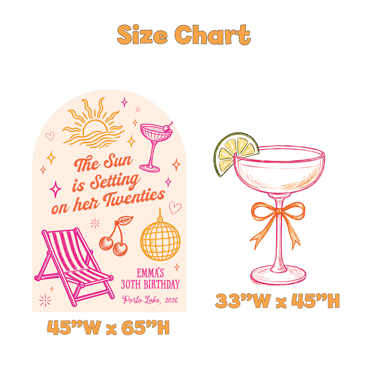 Sun Is Setting on Her Twenties Birthday Backdrop Set - size chart