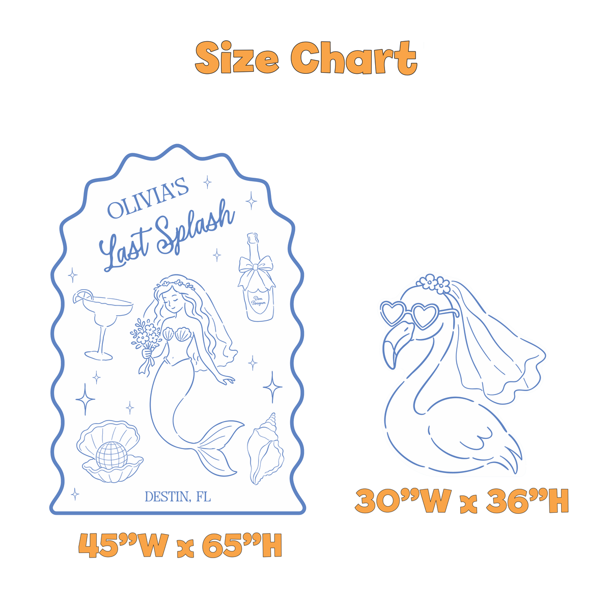 Last Splash Bachelorette Party Backdrop Set - size chart