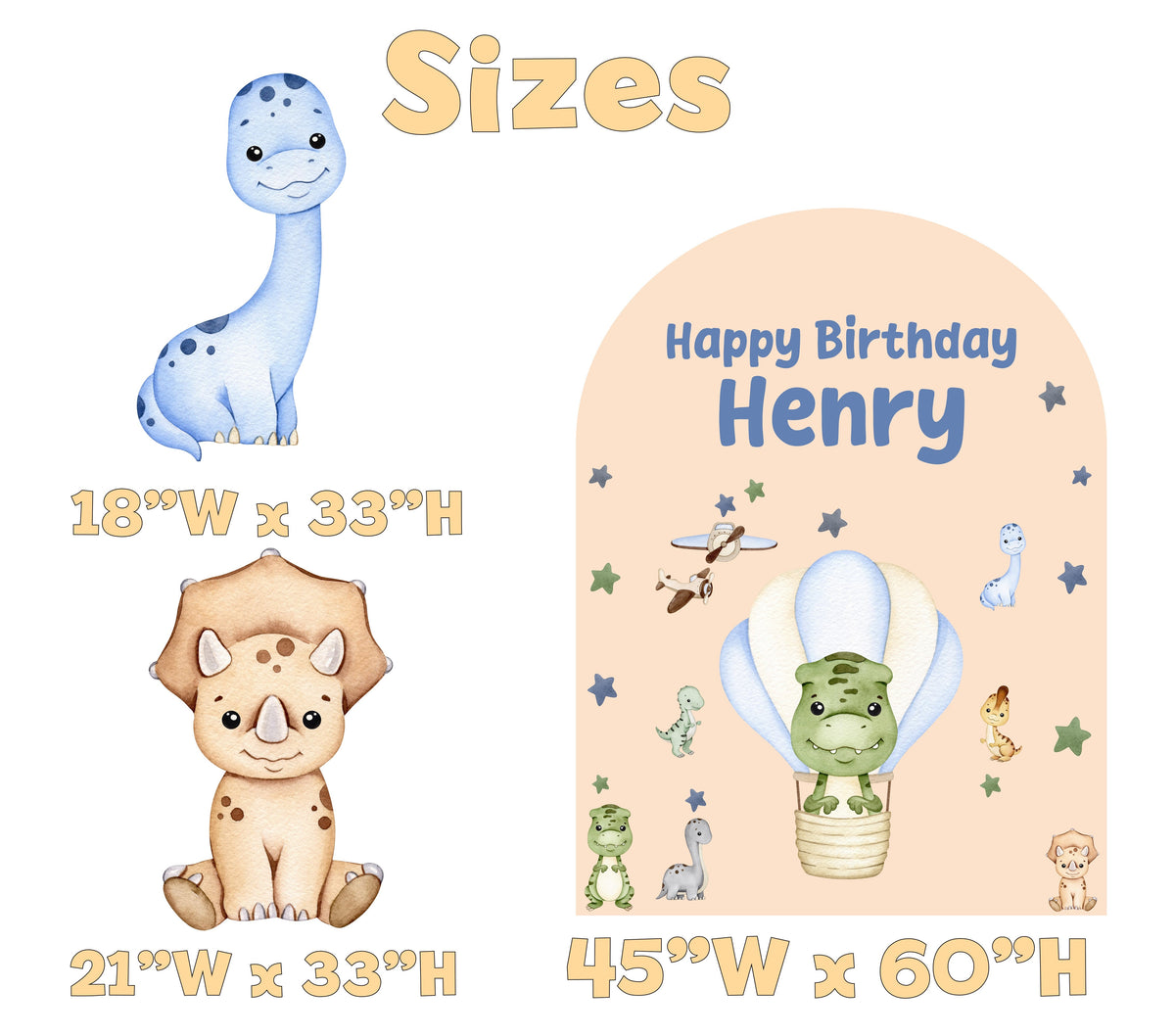 Baby Dinosaur Birthday Backdrop Set - size chart