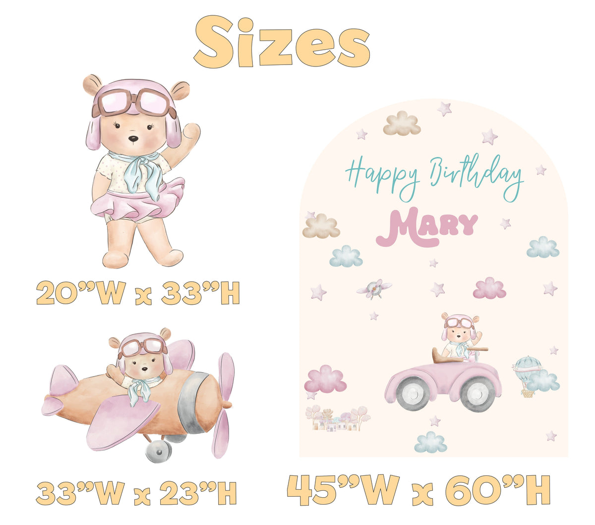 Pink Aviator Bear Birthday Backdrop Set - size chart