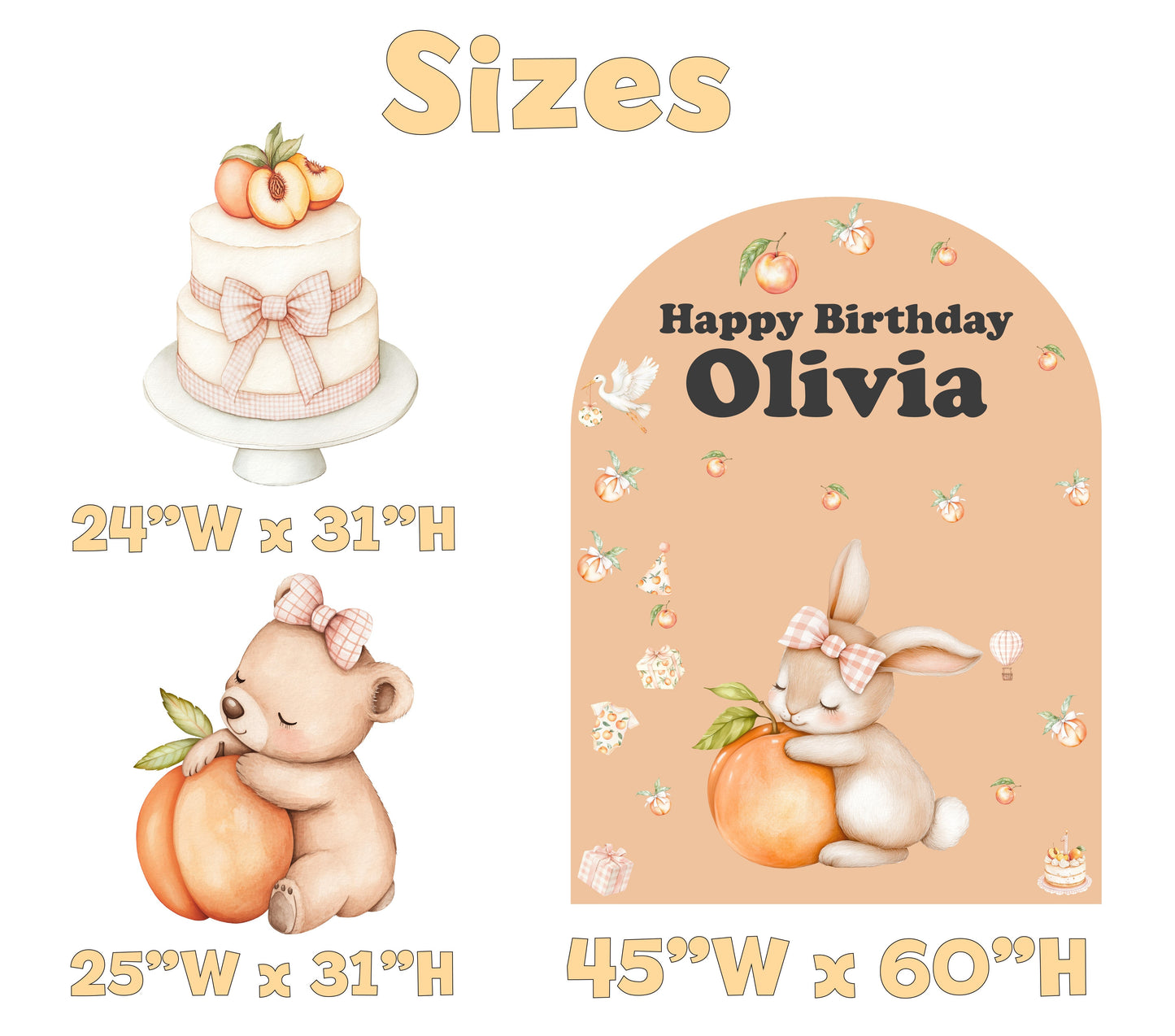 Peach Birthday Backdrop Set - size chart