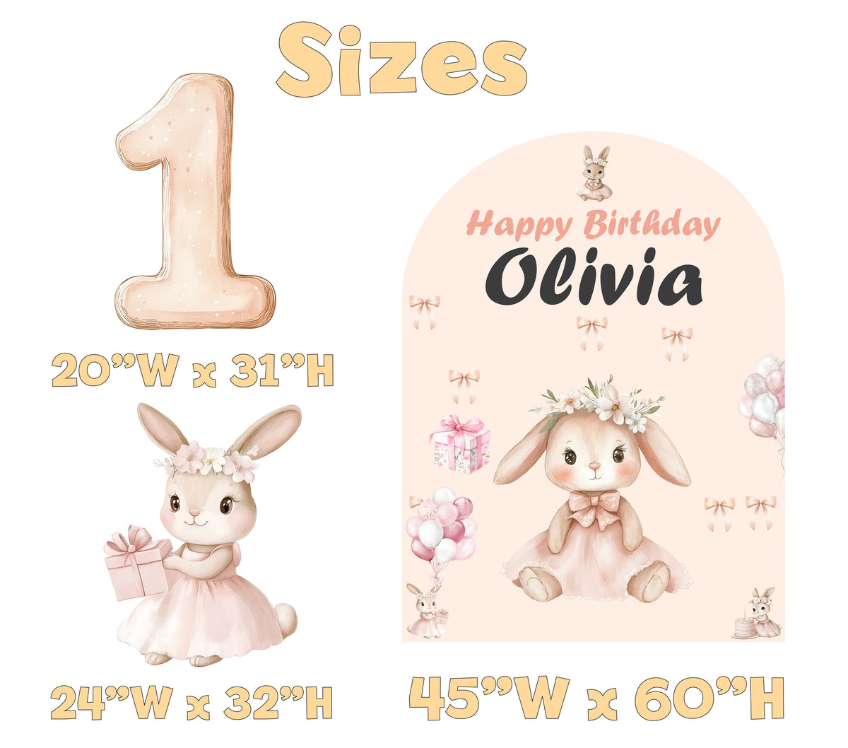 Bunny Birthday Backdrop Set - size chart