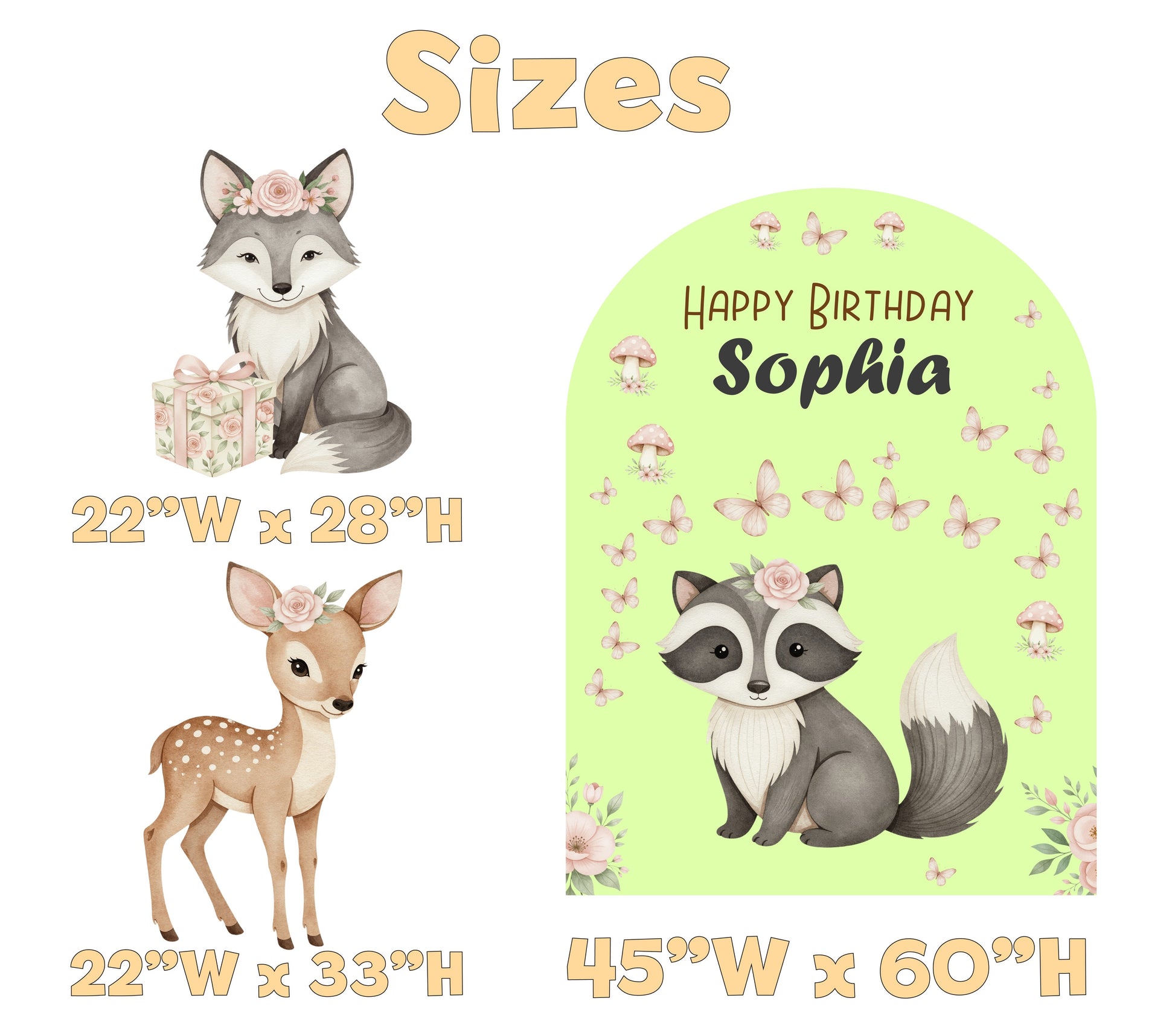 Woodland Animals Birthday Backdrop Set - size chart