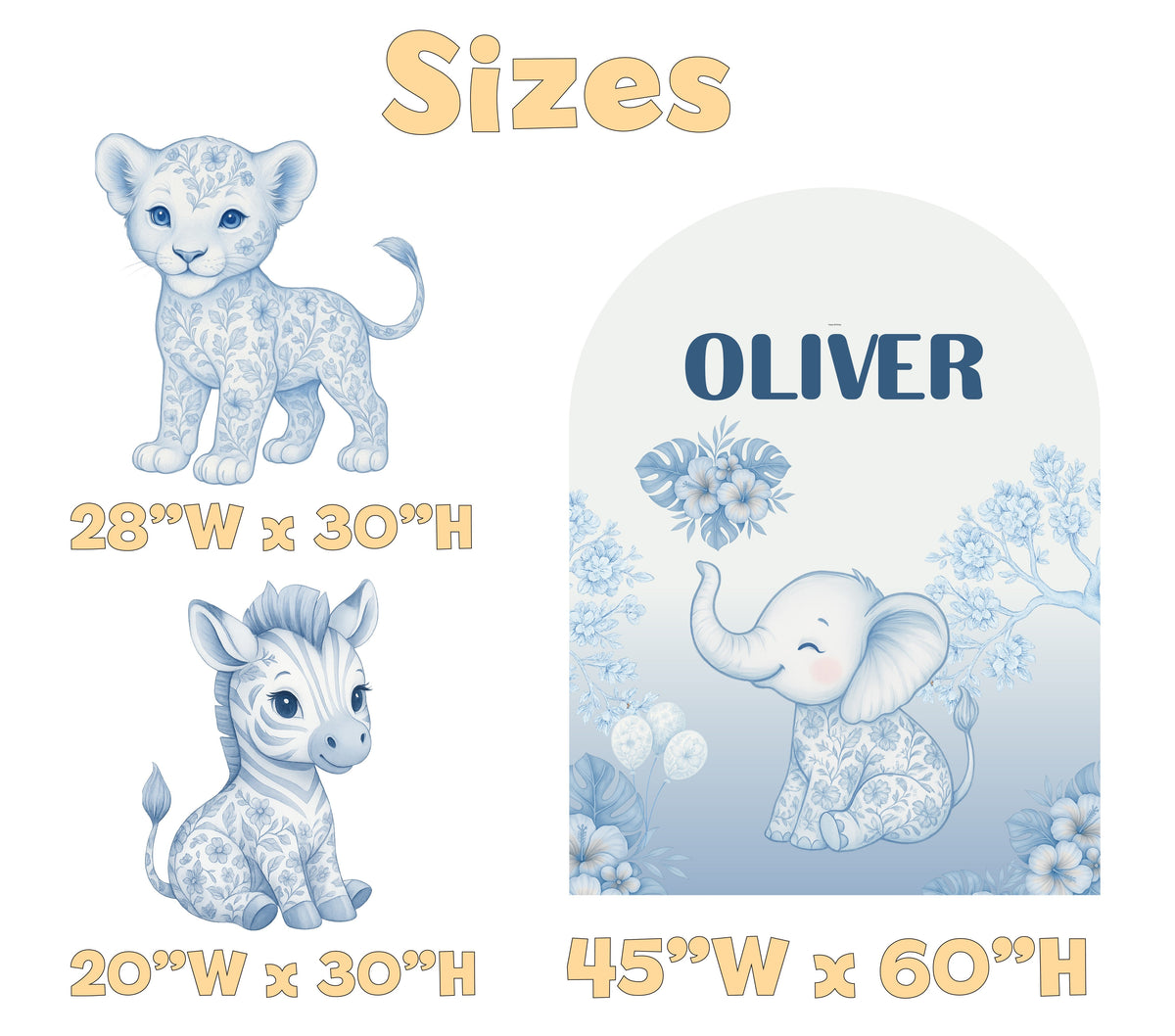 Blue Floral Safari Birthday Backdrop Set - size chart