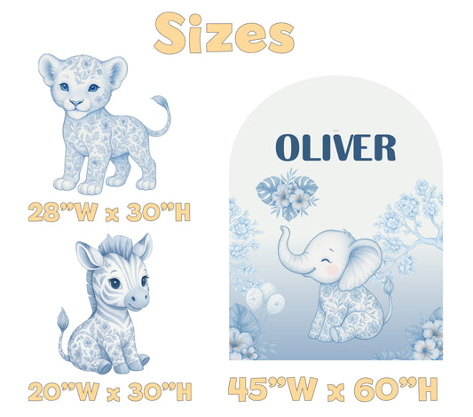 Blue Floral Safari Birthday Backdrop Set - size chart