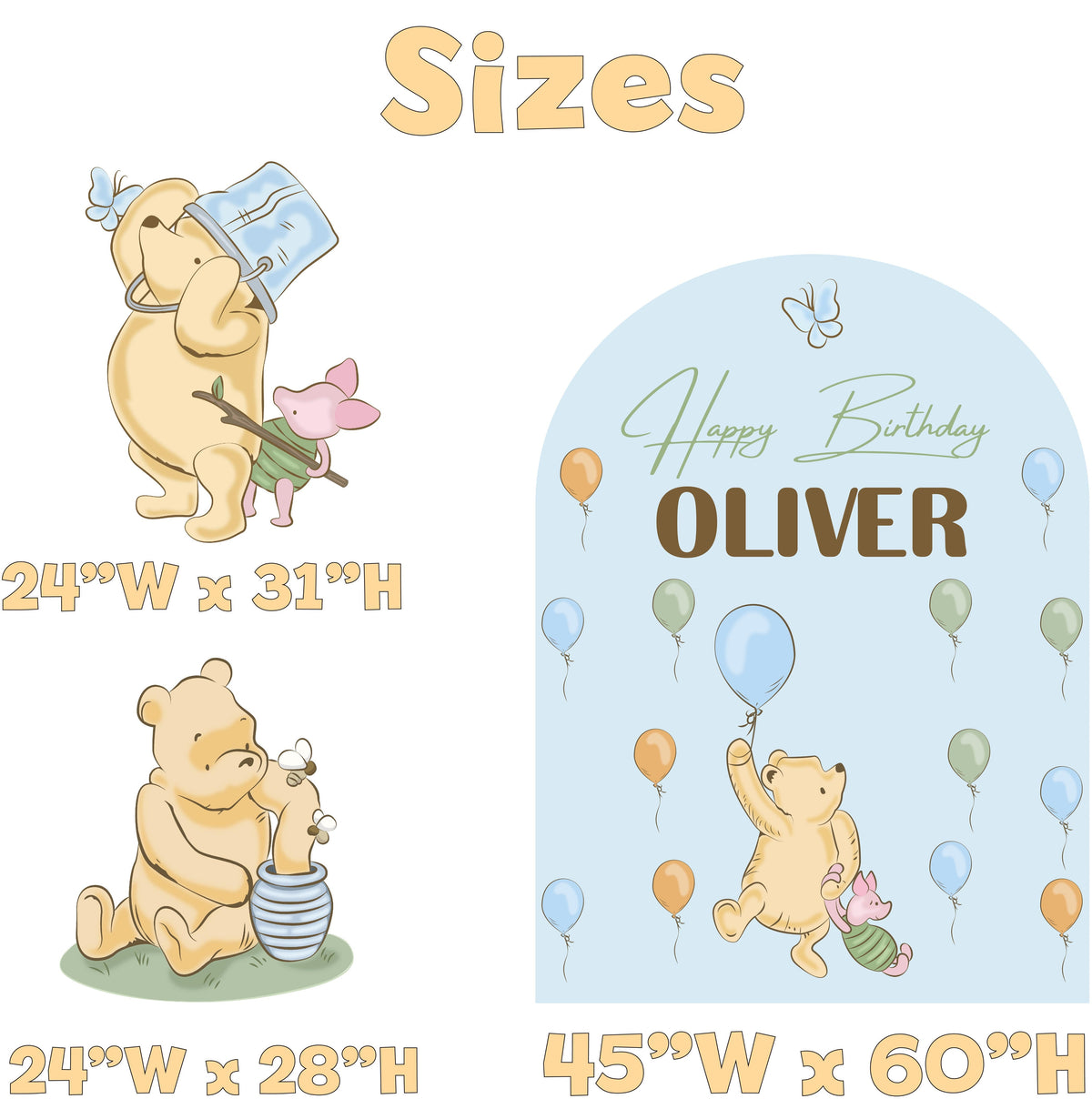 Classic Honey Bear Birthday Backdrop Set - size chart