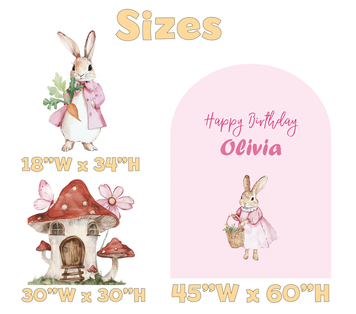 Pink Bunny Birthday Backdrop Set - size chart