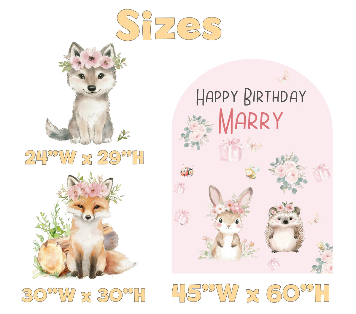 Fox and Wolf Woodland Birthday Backdrop Set - size chart