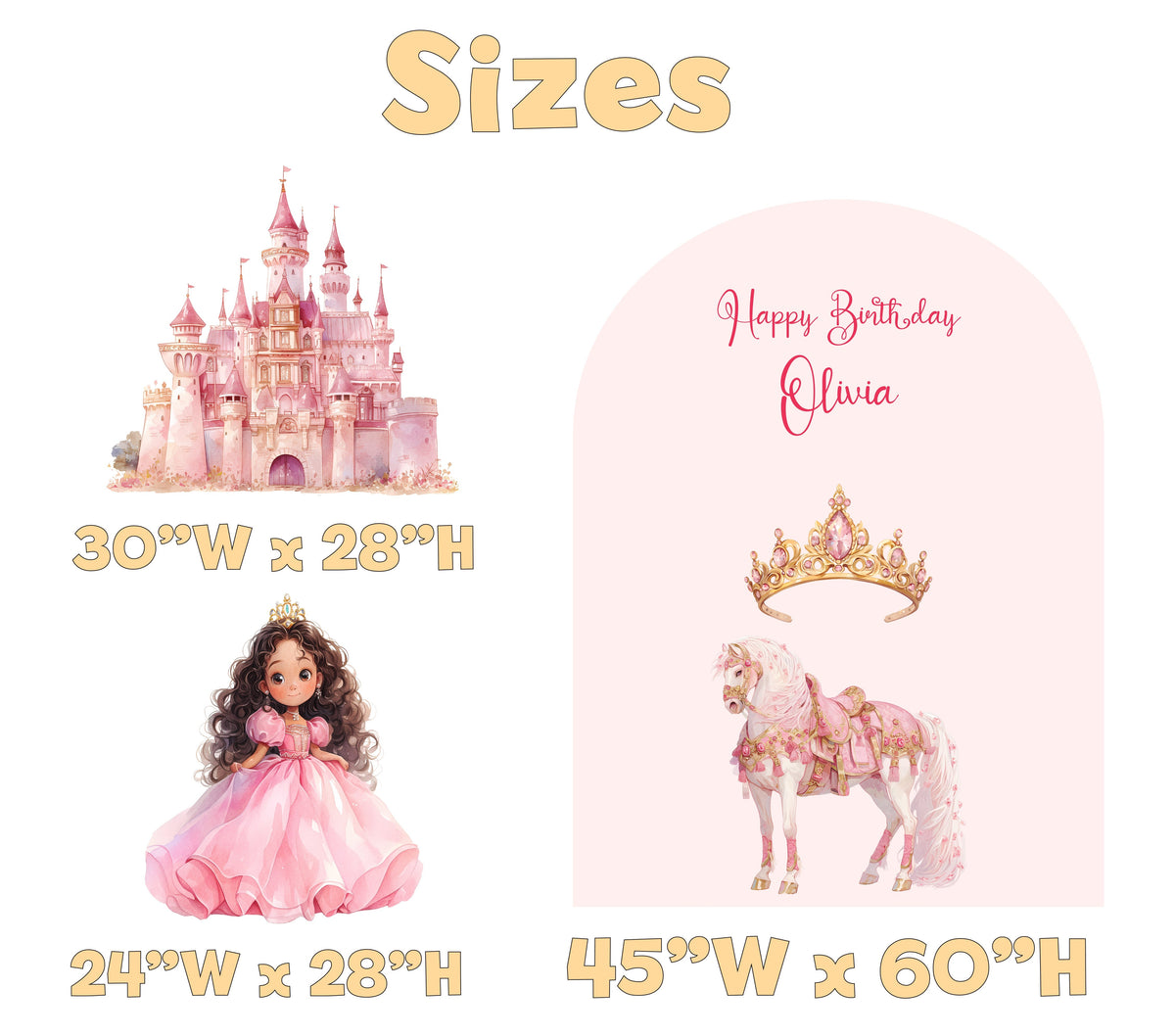 Pink Princess Birthday Backdrop Set - size chart