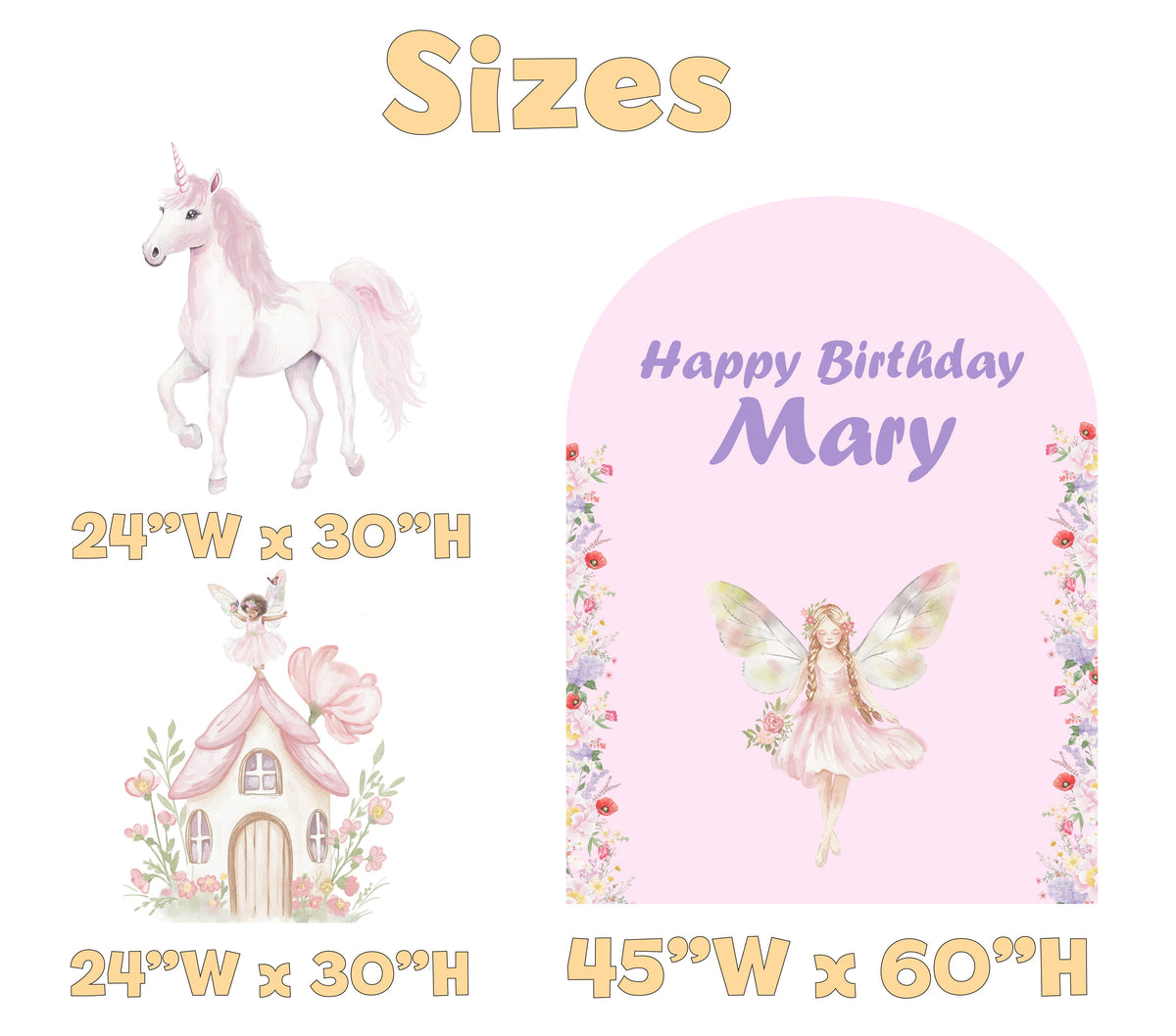 Fairy Unicorn Birthday Backdrop Set - size chart