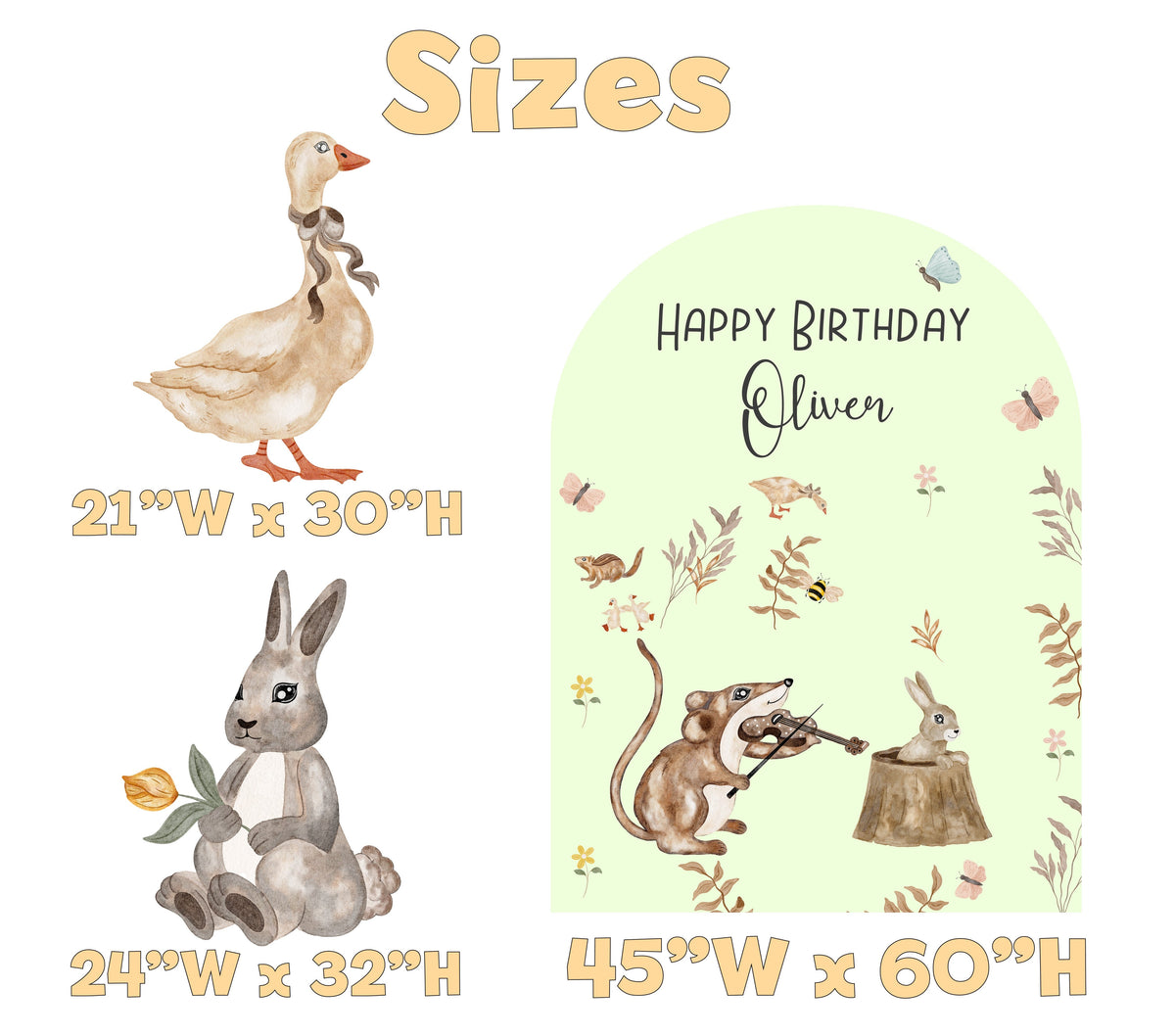 Woodland Birthday Backdrop Set - size chart