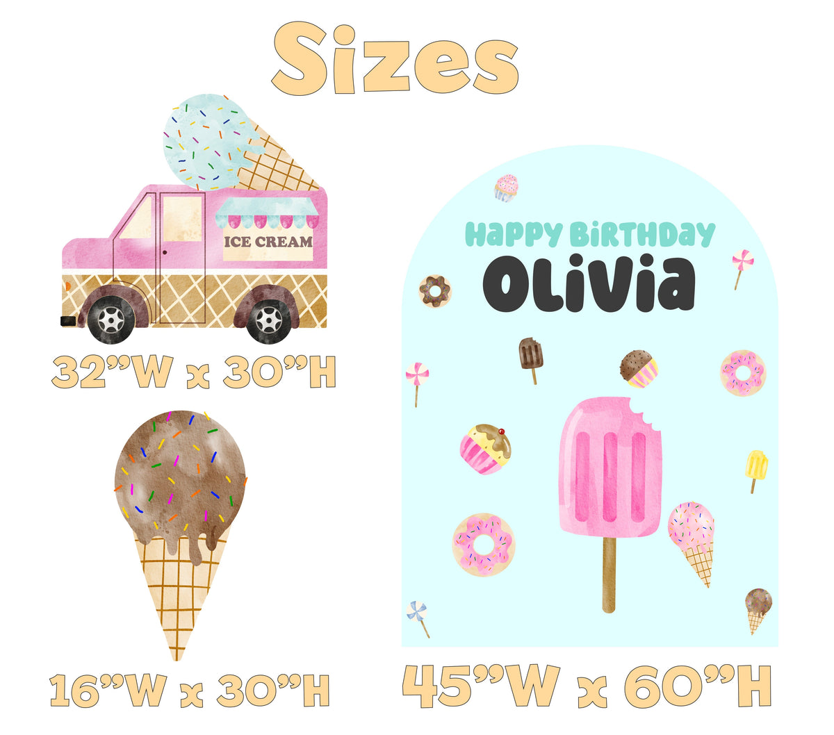 Ice Cream Birthday Backdrop Set - size chart