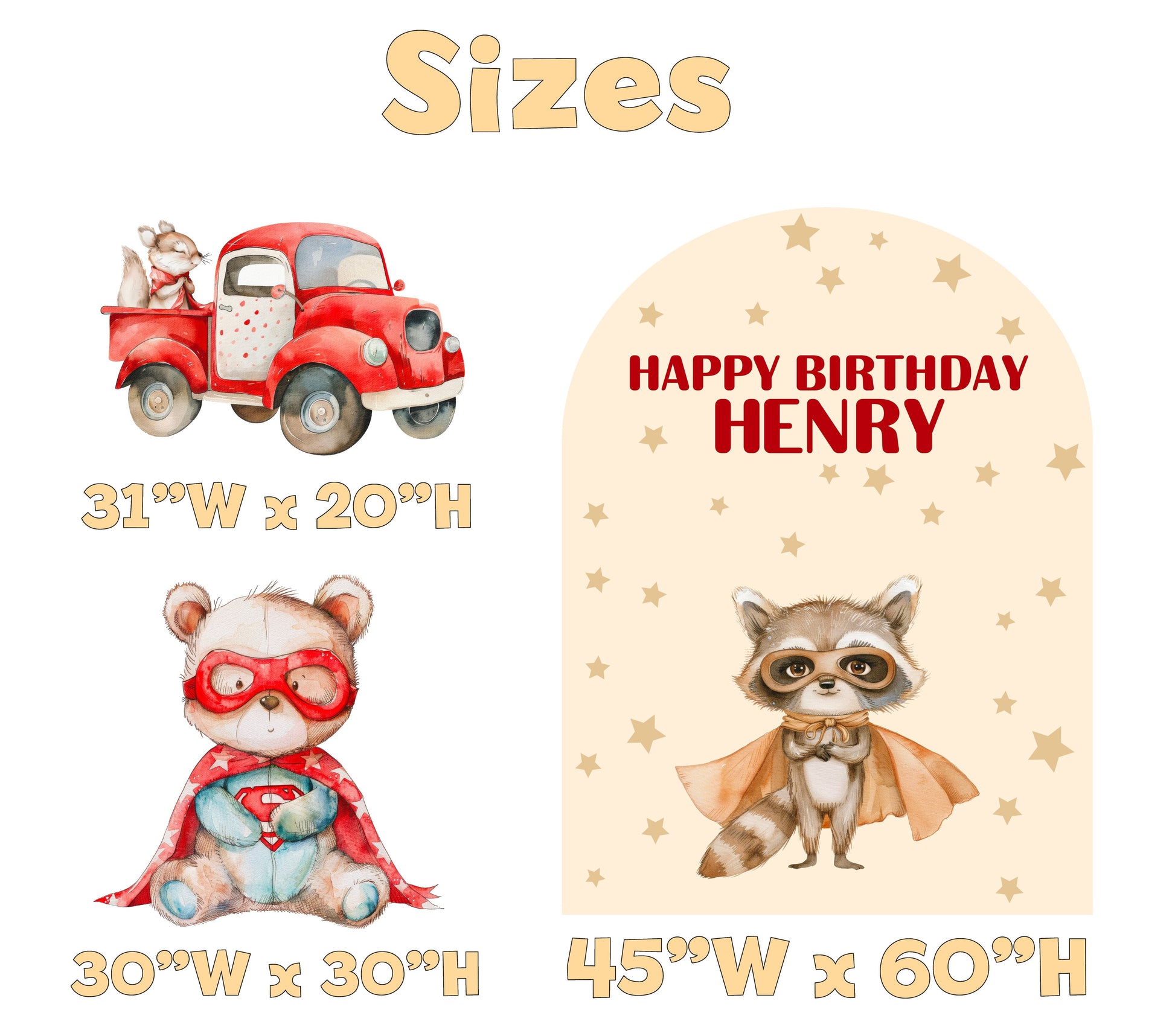 Superhero Animals Birthday Backdrop Set - size chart