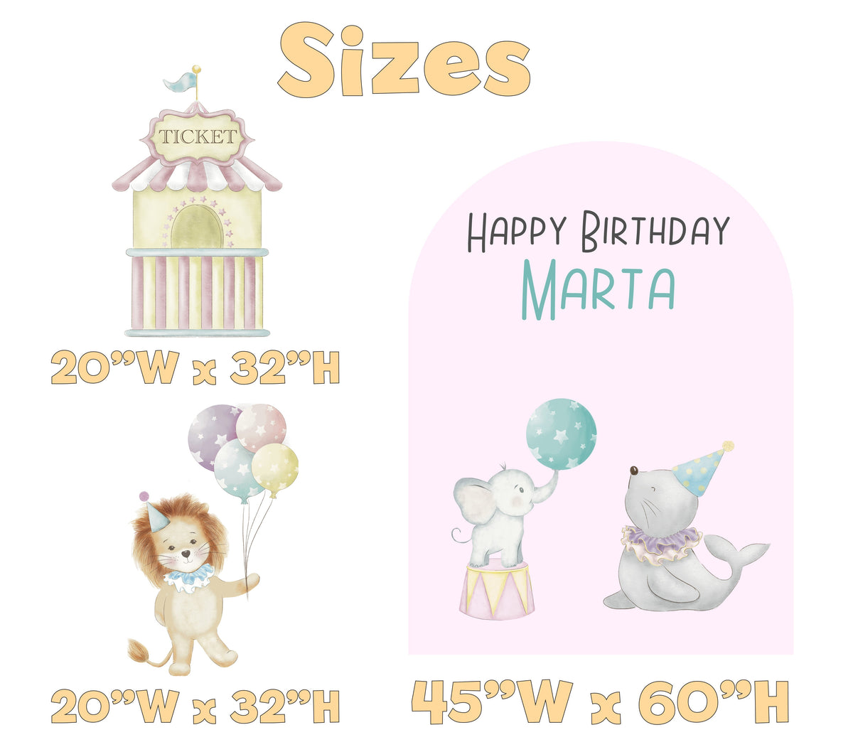 Circus Birthday Backdrop Set - size chart