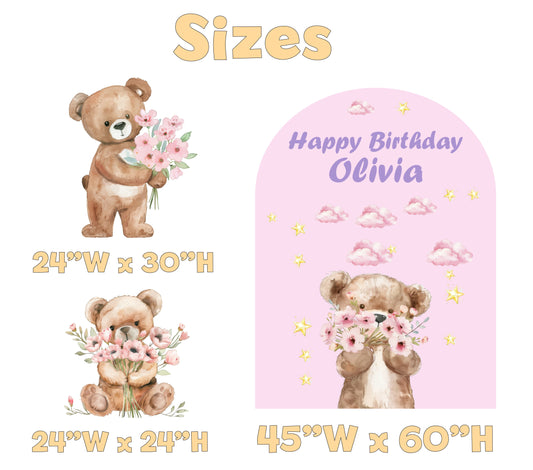 Bear & Flowers Birthday Backdrop Set - size chart