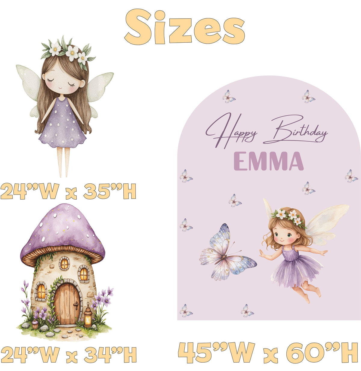 Purple Fairy Birthday Backdrop Set - size chart