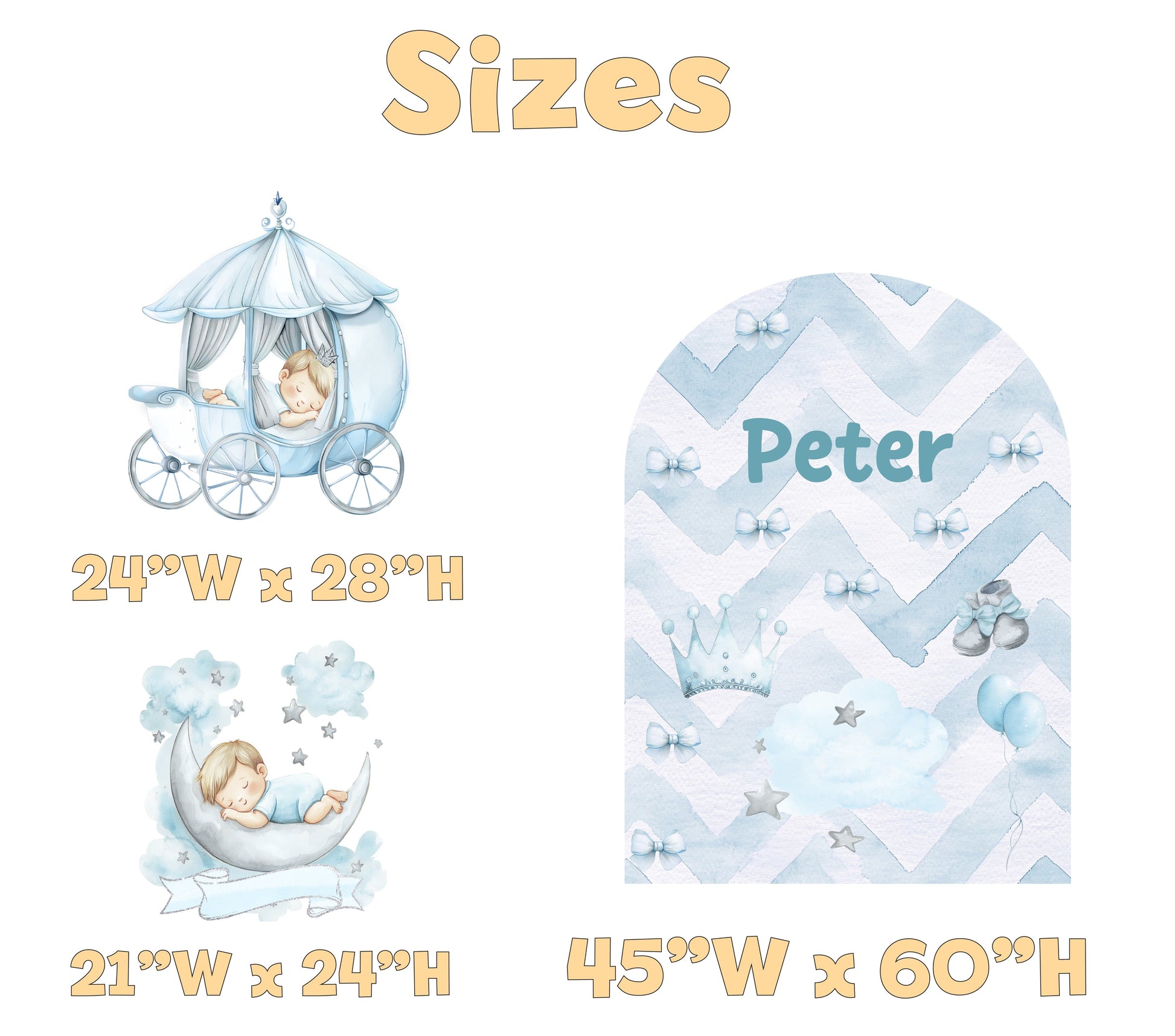 Royal Baby Boy Birthday Backdrop Set - size chart