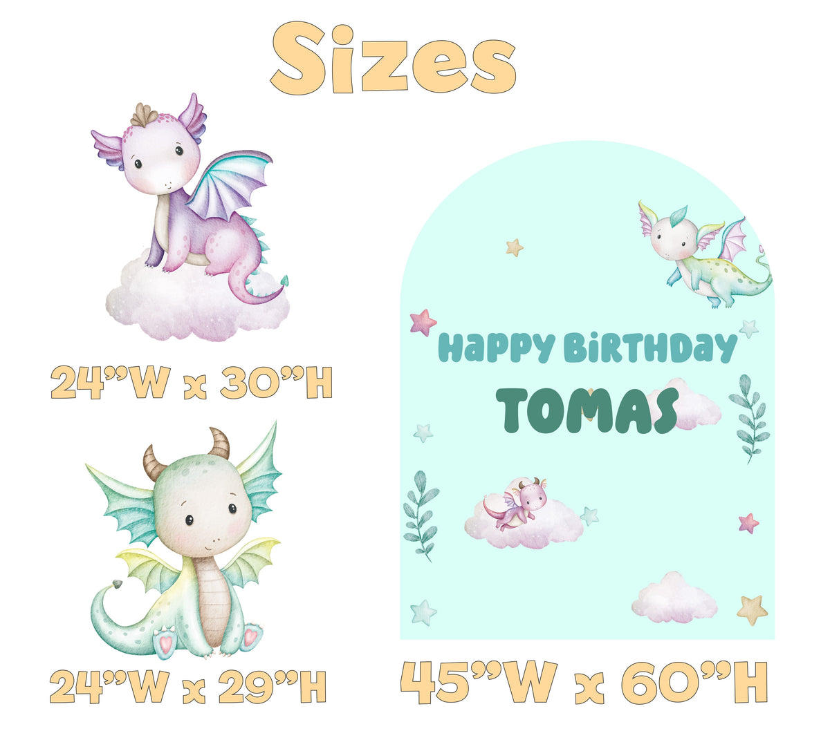 Baby Dragon Birthday Backdrop Set - size chart