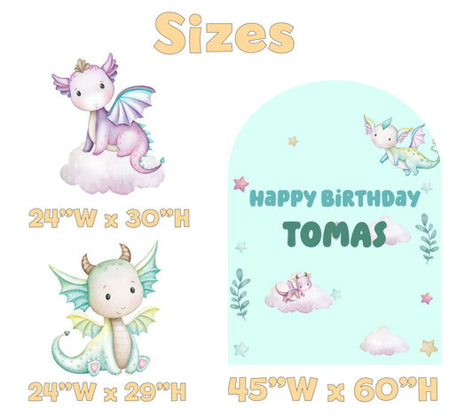 Baby Dragon Birthday Backdrop Set - size chart