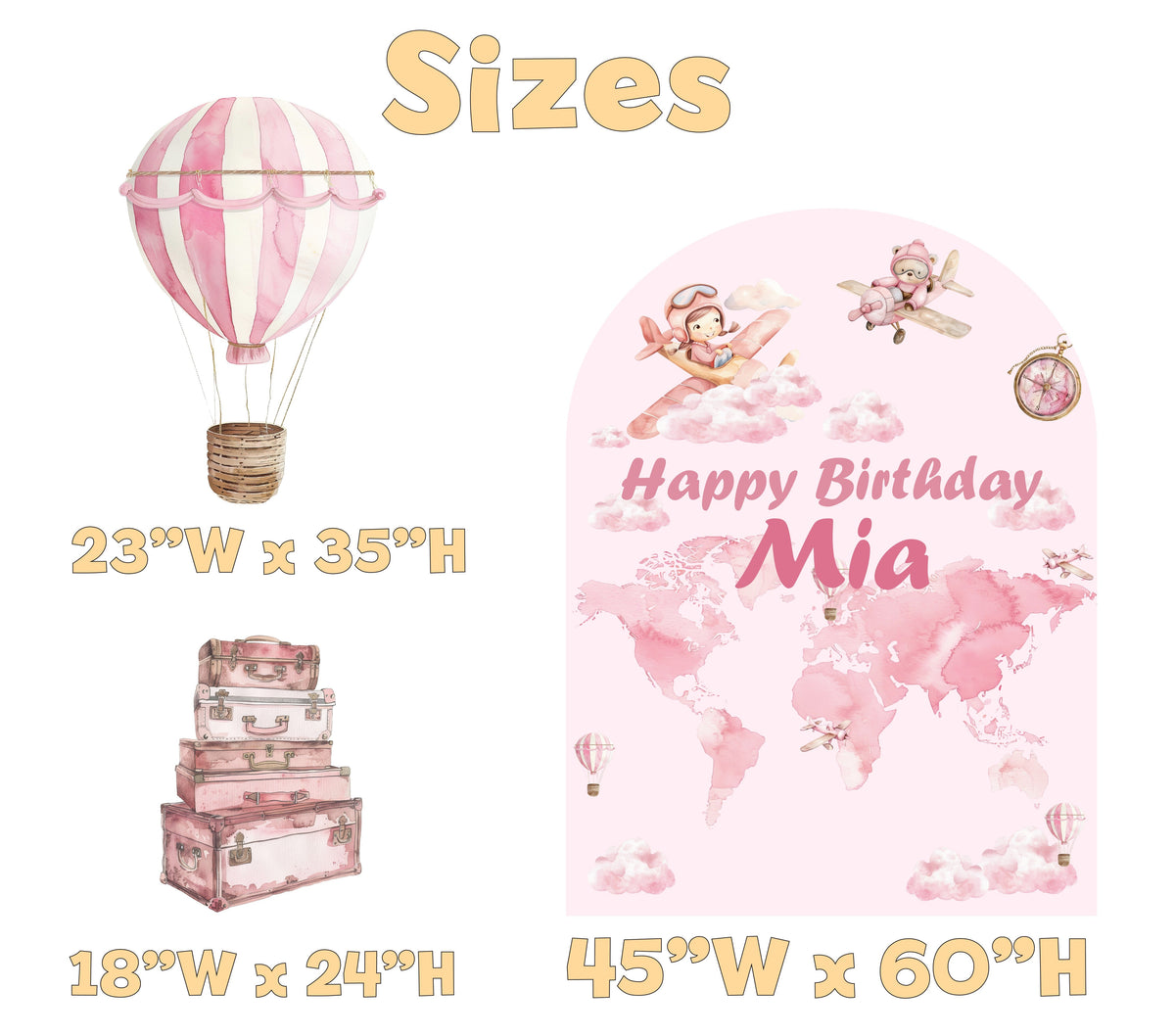 Pink Travel Birthday Backdrop Set - size chart