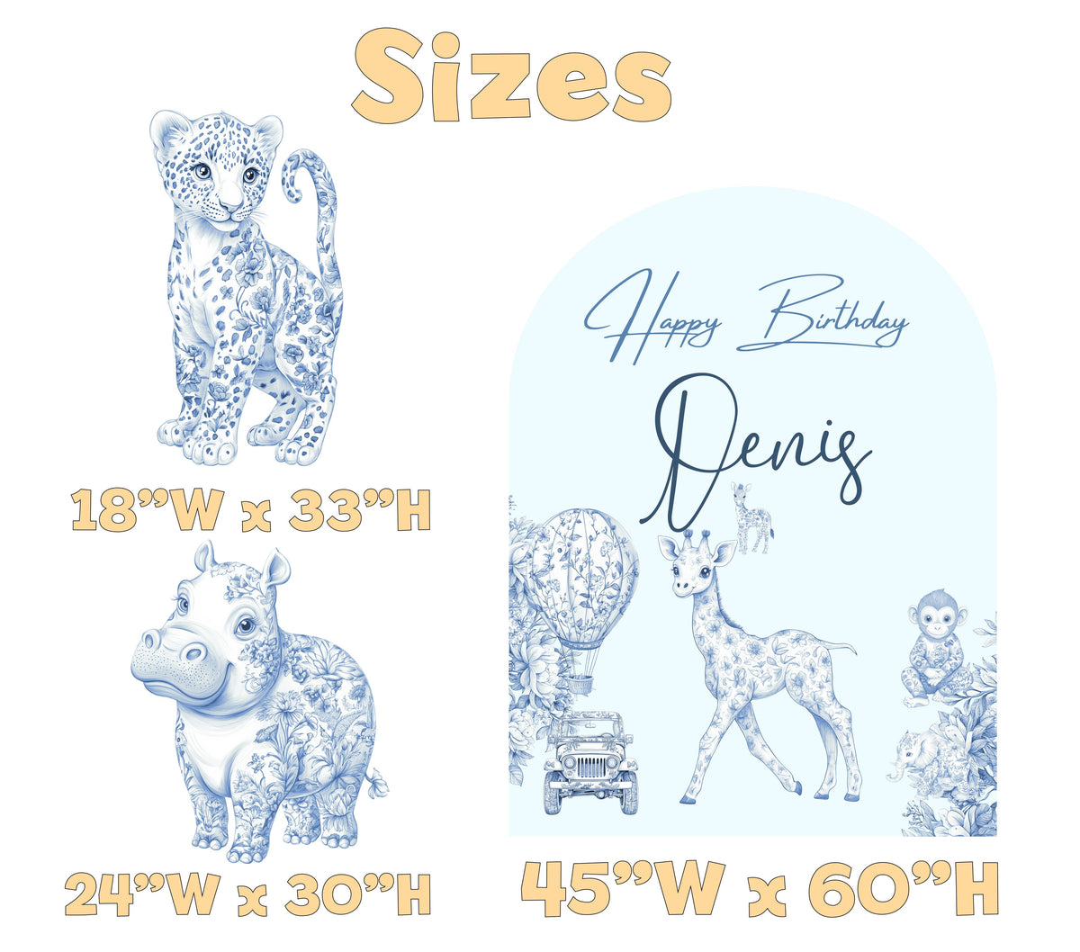 Blue Toile Safari Birthday Backdrop Set - size chart