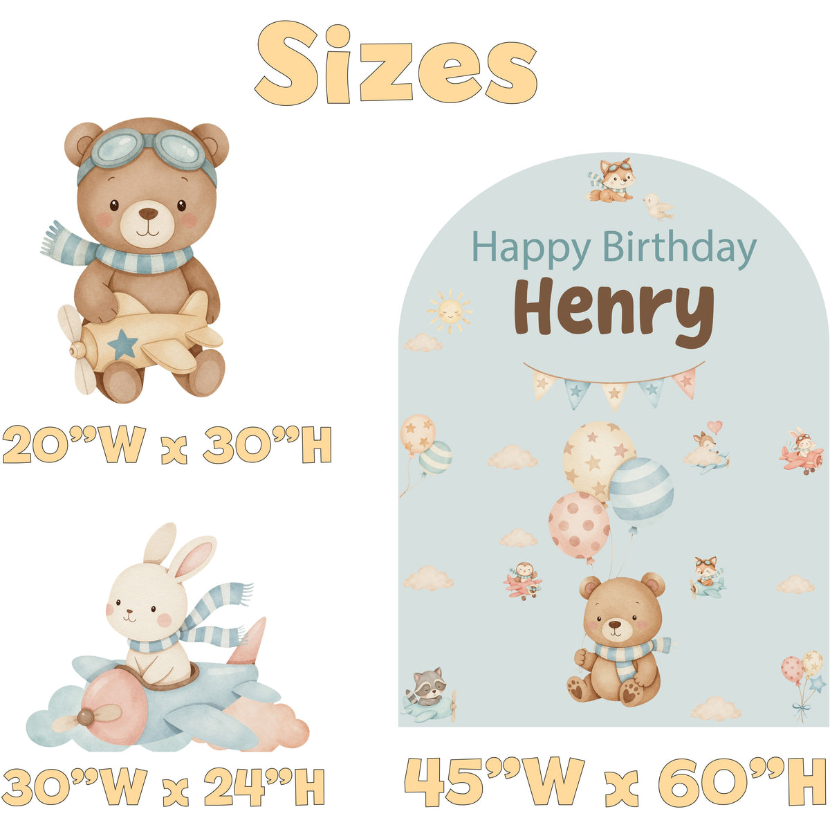 Woodland Airplane Birthday Backdrop Set - size chart