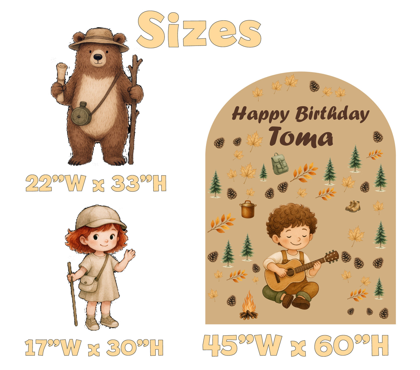Camping Birthday Backdrop Set - size chart