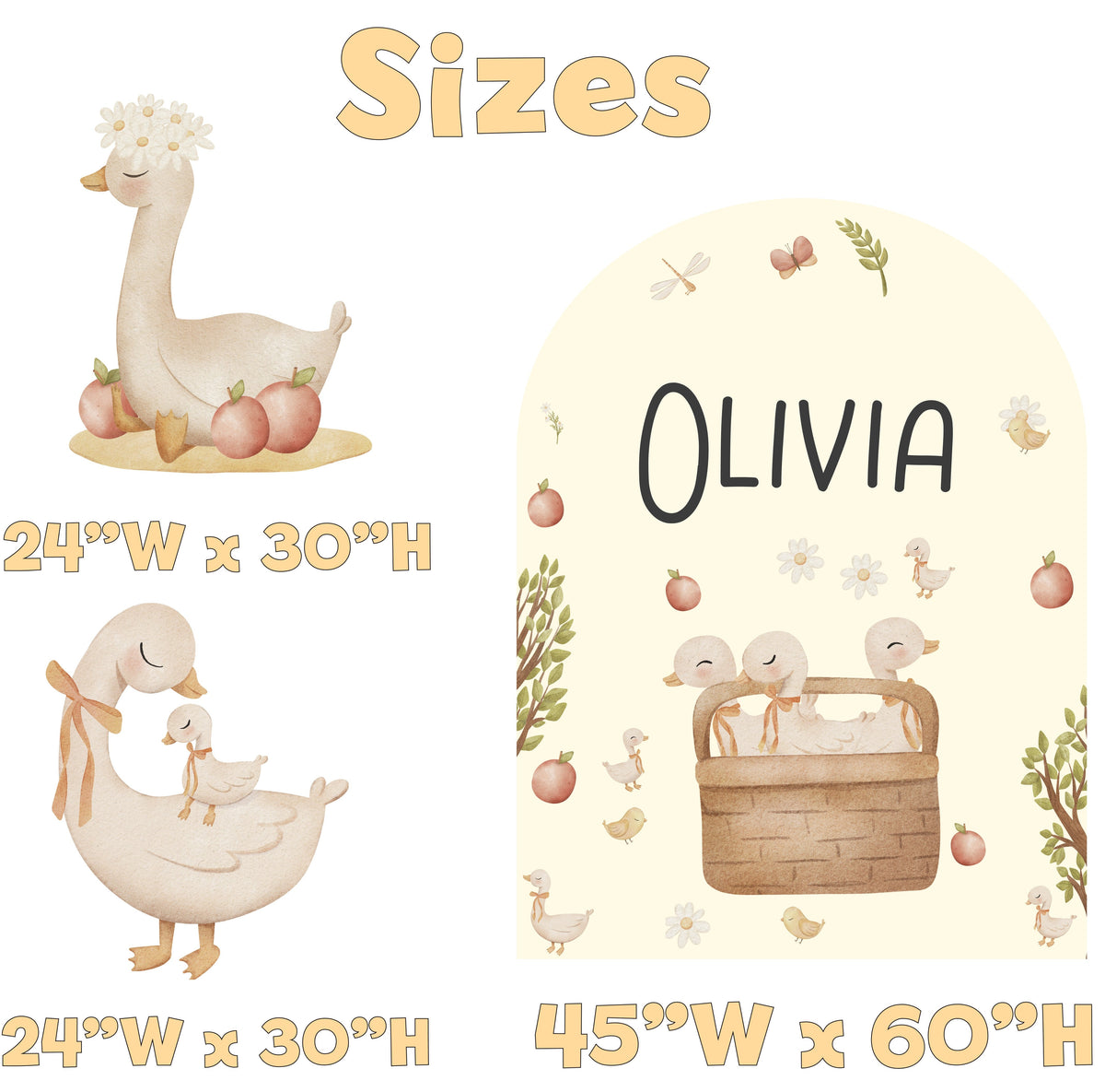 Duckling Birthday Backdrop Set - size chart