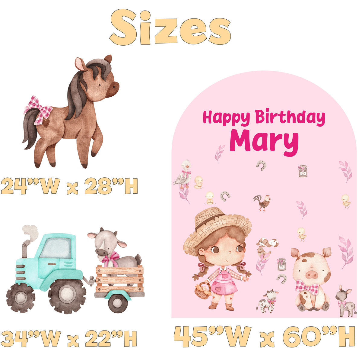 Pink Farm Birthday Backdrop Set - size chart