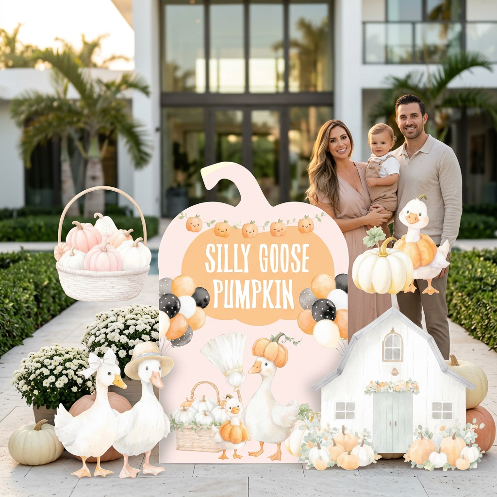 Silly Goose Pumpkin fall party backdrop set - pumpkin backdrop, white barn, geese and pumpkin cutouts