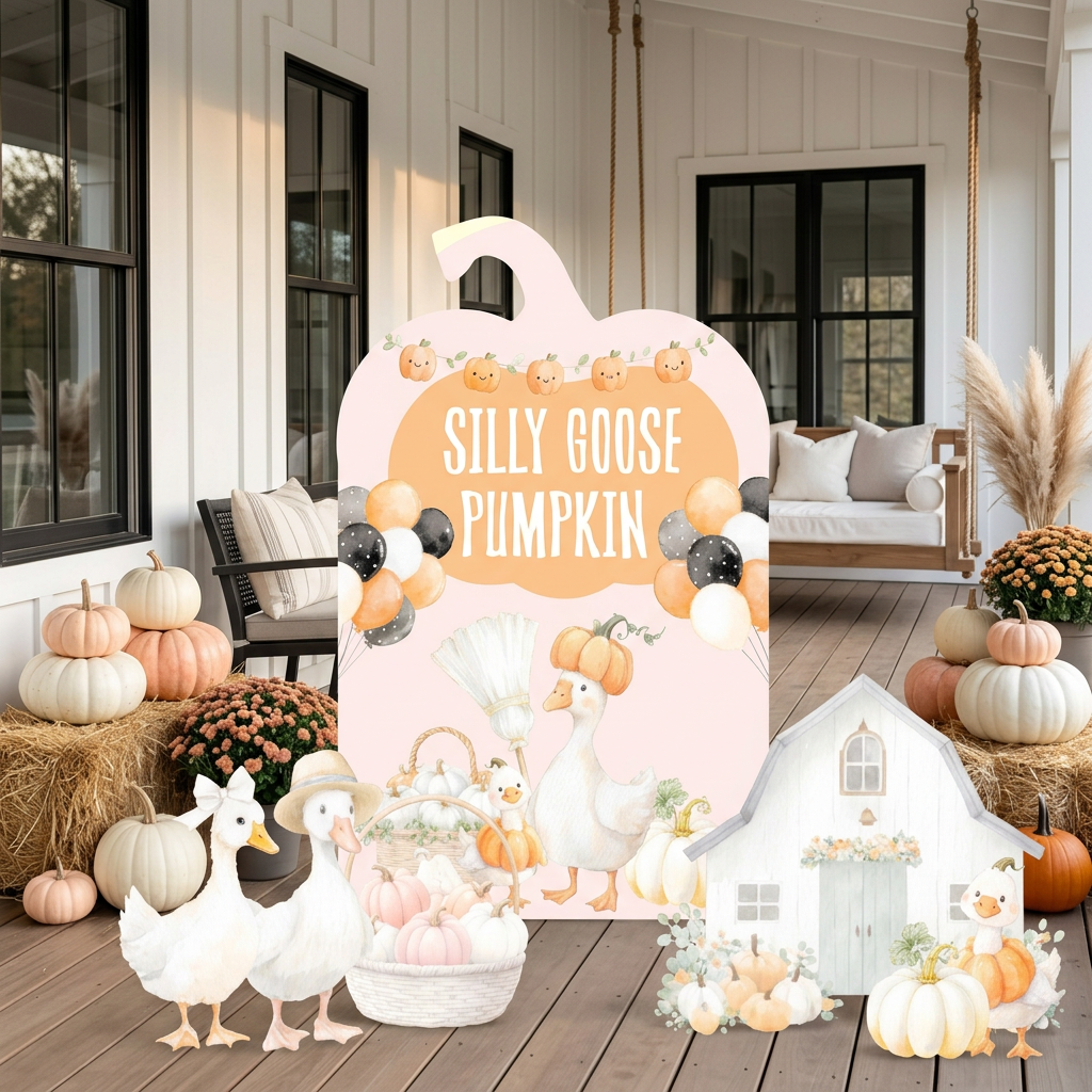 Silly Goose Pumpkin fall party backdrop set - pumpkin backdrop, white barn, geese and pumpkin cutouts