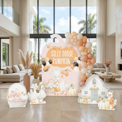 Silly Goose Pumpkin fall party backdrop set - pumpkin backdrop, white barn, geese and pumpkin cutouts
