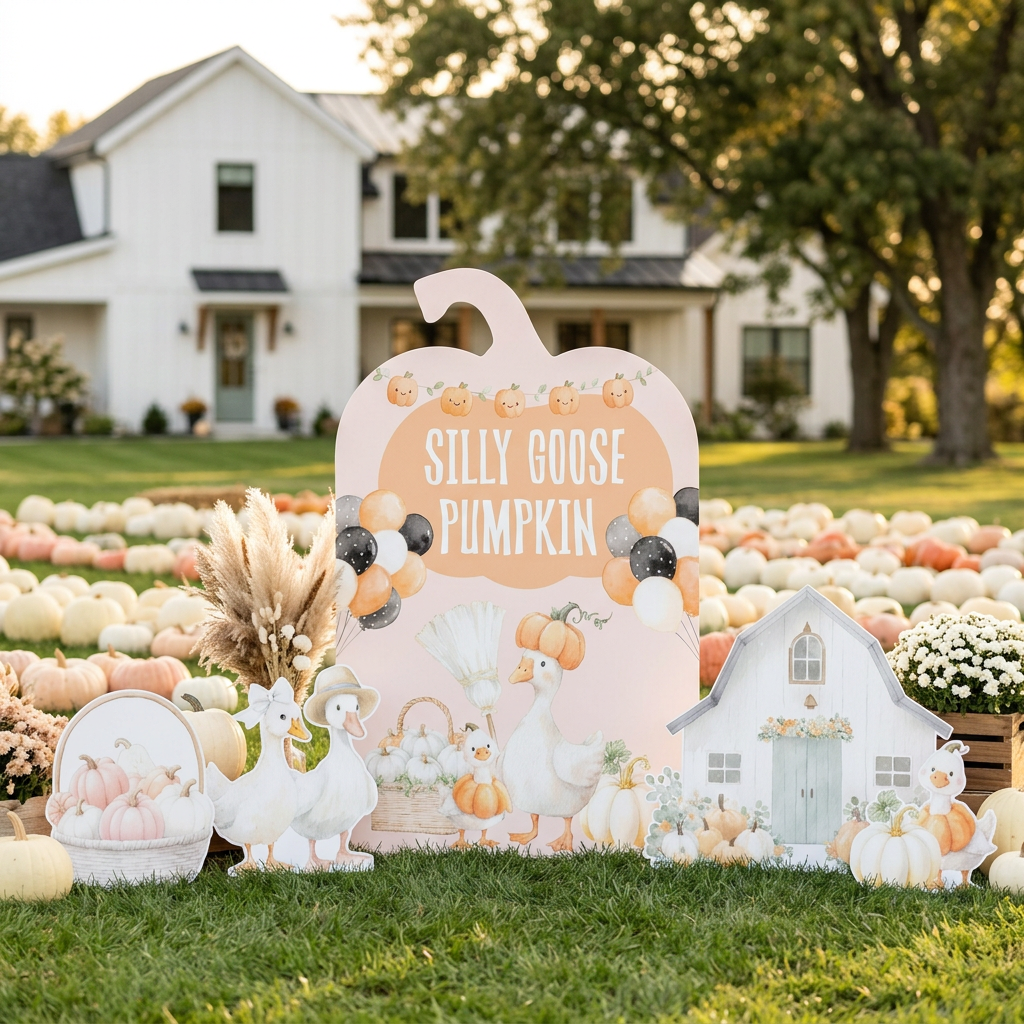 Silly Goose Pumpkin fall party backdrop set - pumpkin backdrop, white barn, geese and pumpkin cutouts