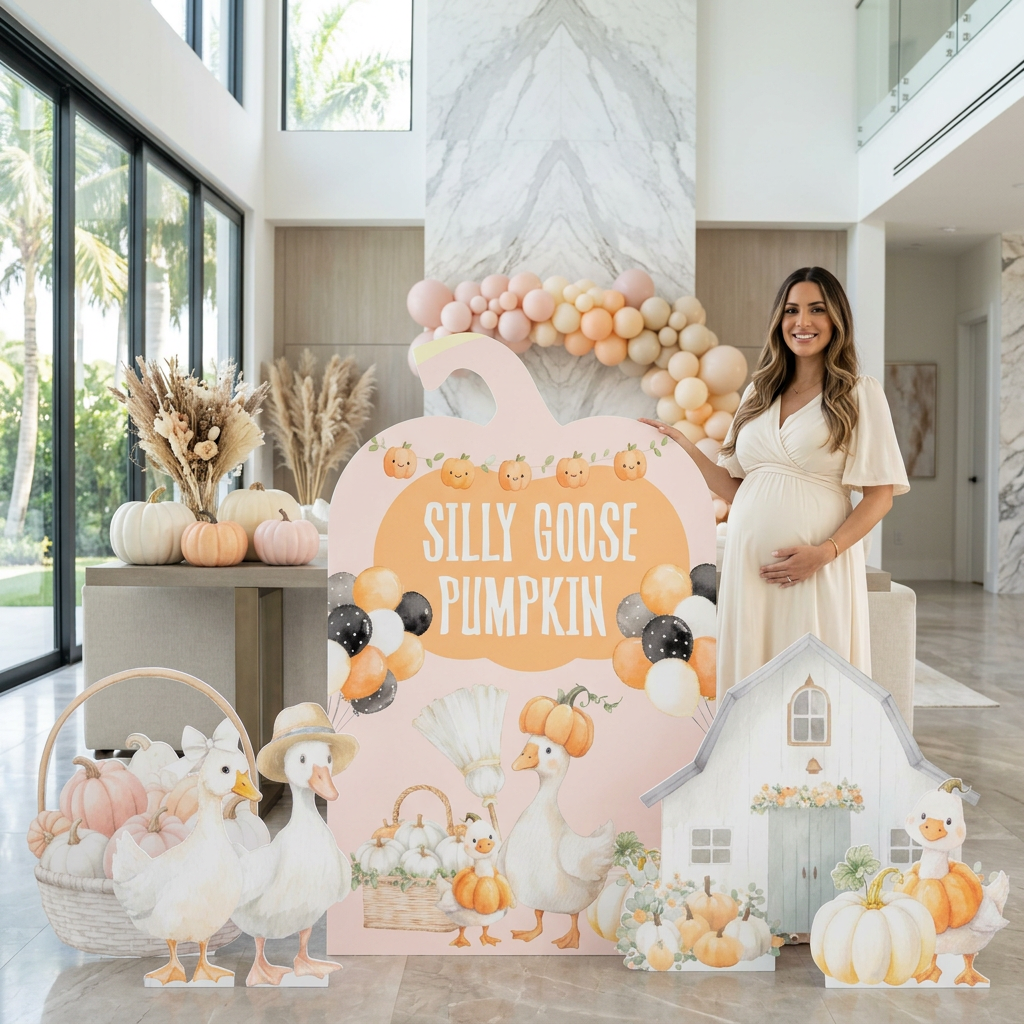 Silly Goose Pumpkin fall party backdrop set - pumpkin backdrop, white barn, geese and pumpkin cutouts