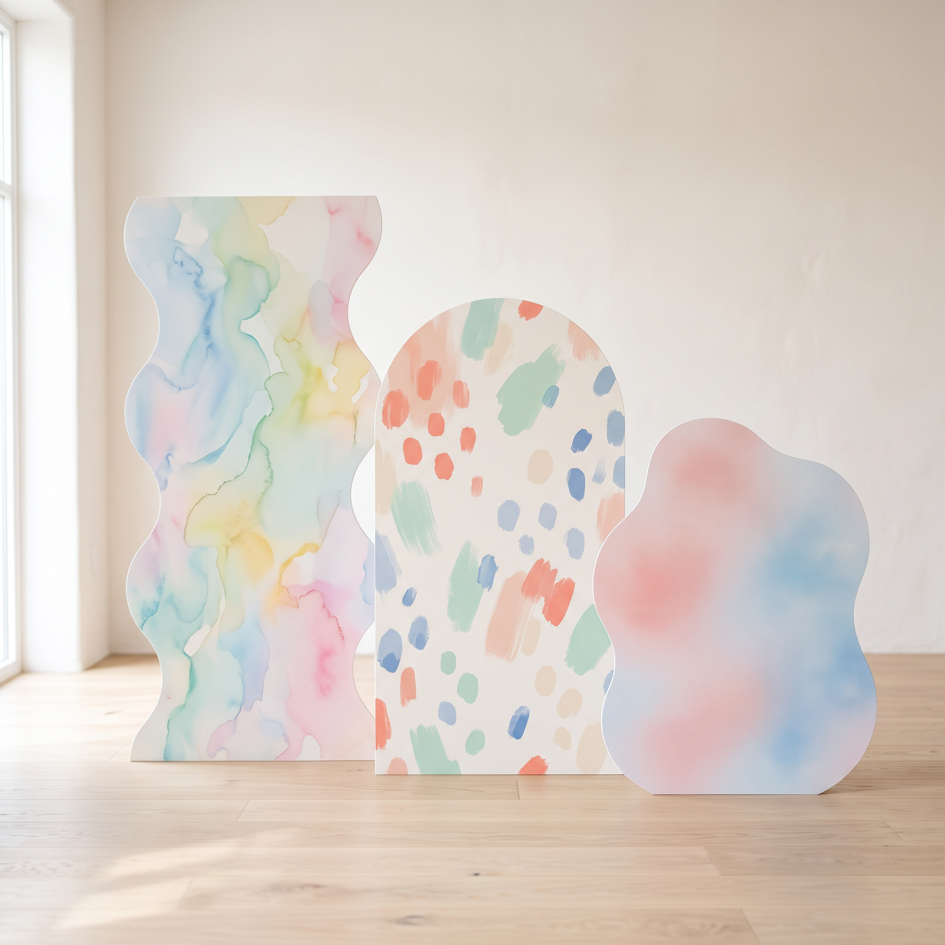 Three custom die-cut panels in different shapes - wavy, arch, and organic outline