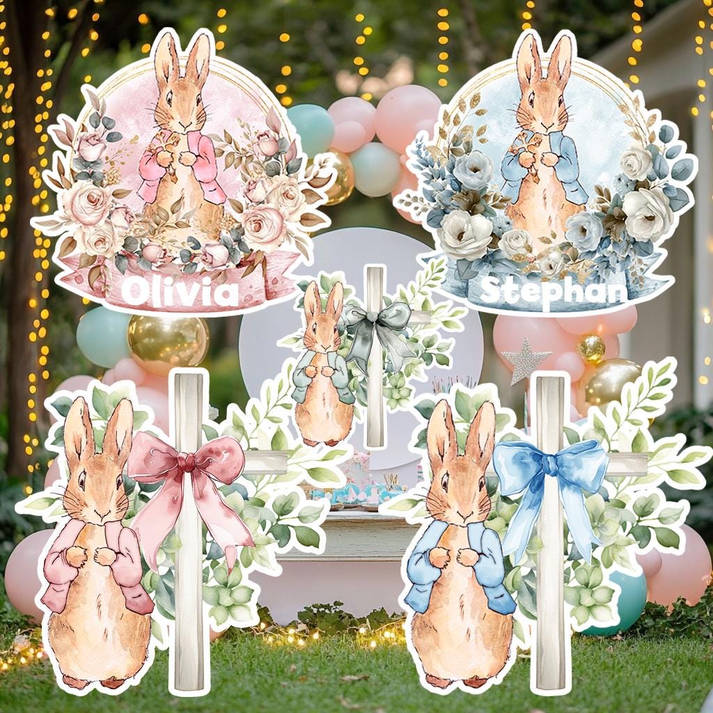 Personalized Baptism Props, Garden Bunny Cutout Decoration, Baptism or Christening Decor, Backdrop Decor, Custom Baptism Party Standee