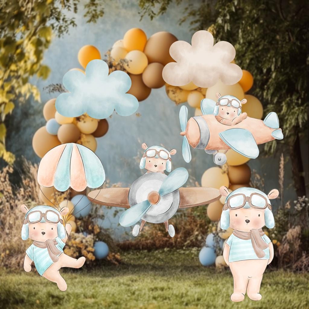 Blue Aviator Bear Party Cutouts, Time Flies Baby Shower Decoration, Parachute, Airplane Decor, Backdrop Centerpieces, Party Props, Lawn Sign