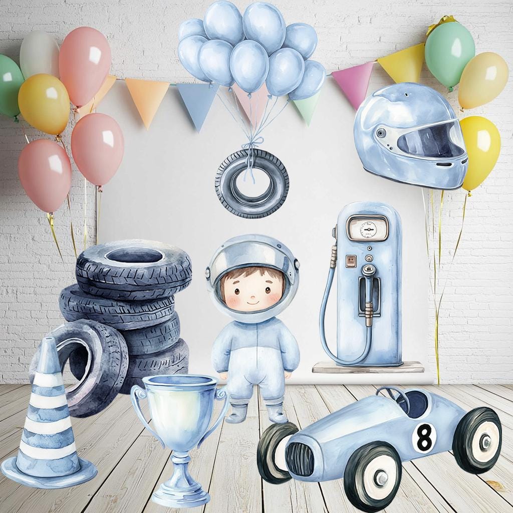 Blue Racer Cutouts — custom party decor, printed and cut to shape