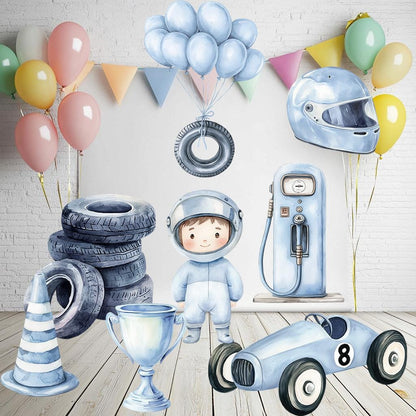 Blue Racer Cutouts — custom party decor, printed and cut to shape