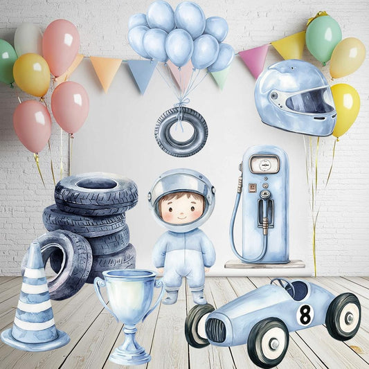 Blue Racer Cutouts — custom party decor, printed and cut to shape