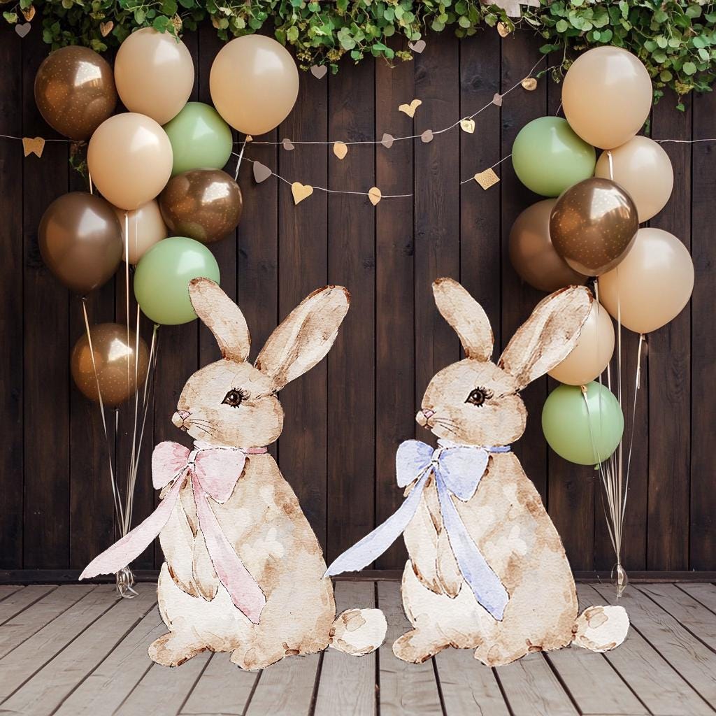 Cute Bunny with Bow Cutout Decoration, Baby Shower Decor, Easter Bunnies, Easter Yard Decor, Pink and Blue Bunny Party Props, Garden Bunny