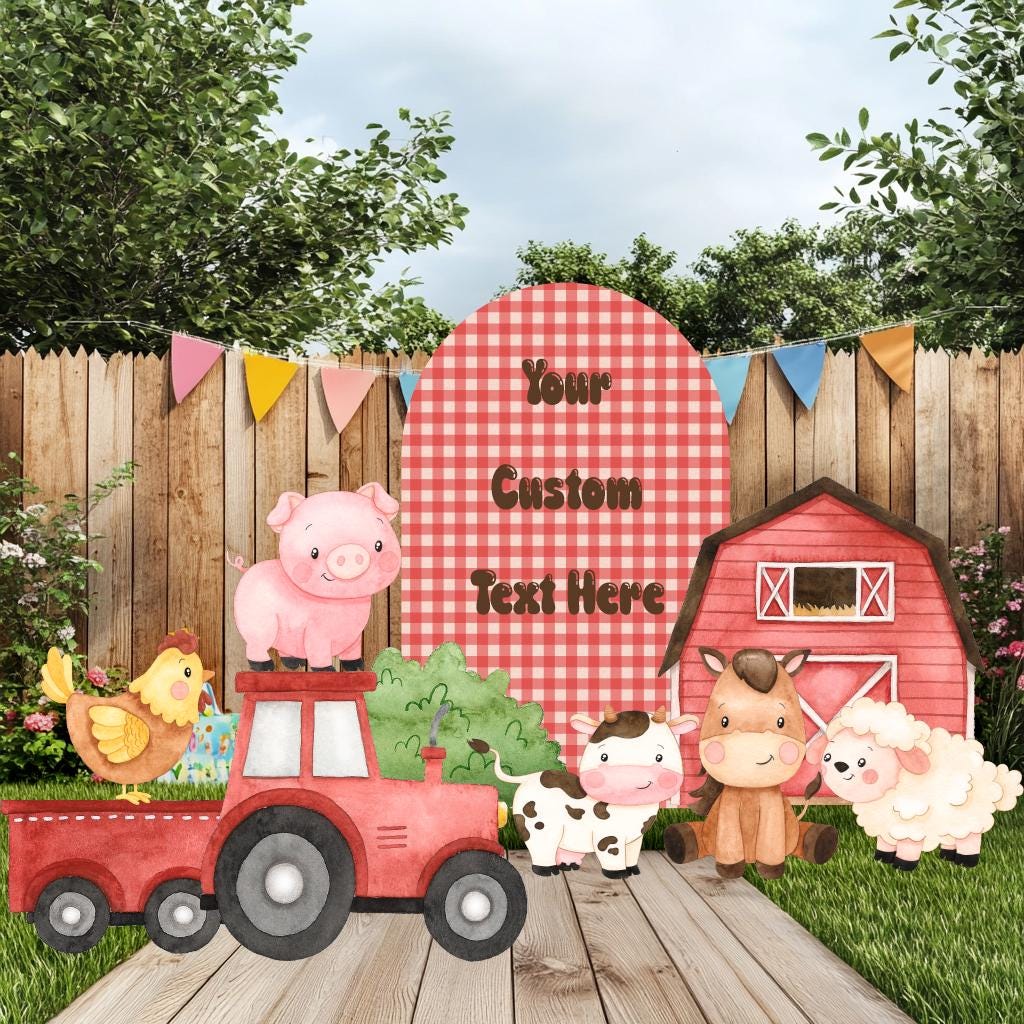 Farm Animals Cutouts Set (Barn & Tractor with Custom Arch), Ranch Animals Party, Barnyard Birthday Prop, Farm Animal Standee, Baby Shower,Farm Themed Party Decor,Centerpieces