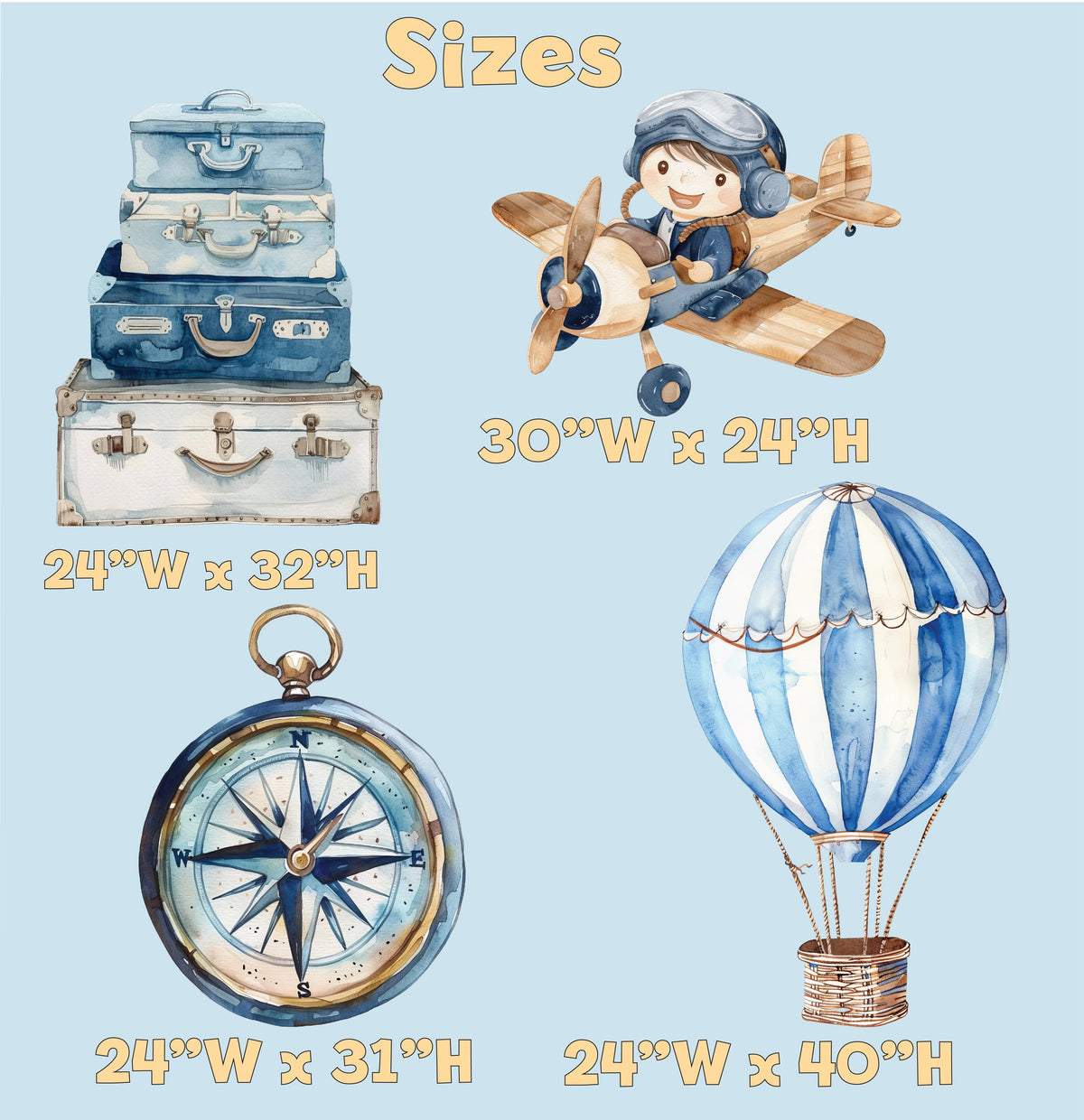 Blue Aviator Cutout (Plane & Compass), Time flies, Adventure Baby Shower, Watercolor Hot Air Balloon, Airplane Backdrop, Birthday Decor,Baby Boy,Centerpieces