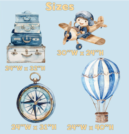 Blue Aviator Cutout (Plane & Compass), Time flies, Adventure Baby Shower, Watercolor Hot Air Balloon, Airplane Backdrop, Birthday Decor,Baby Boy,Centerpieces